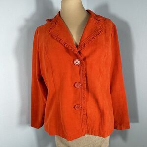 Parisian Works Sz L Women’s Jacket Orange Microfiber Faux Suede Ruffle Career